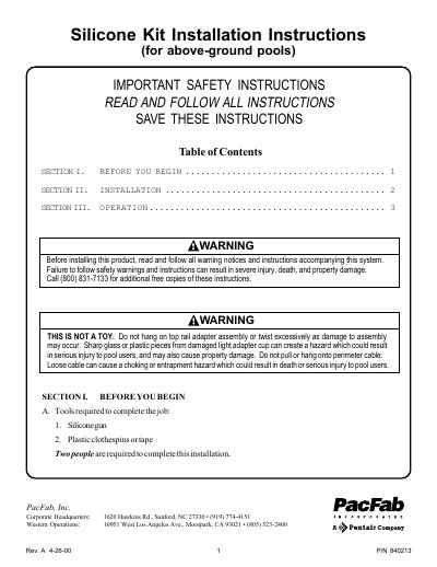 PacFab Silicone Kit Installation Instructions P/N 840213 - cover page