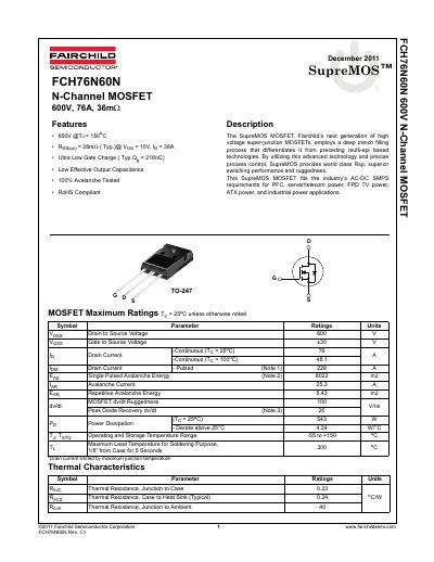 Fairchild FCH76N60N N-Channel MOSFET Datasheet