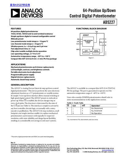 Analog Devices AD5227 Digital Potentiometer Datasheet - cover page