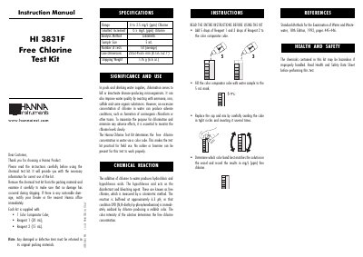 Hanna Instruments HI 3831F Free Chlorine Test Kit Instruction Manual - cover page