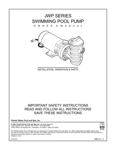 Pentair JWP Series Swimming Pool Pump Owner's Manual - cover page