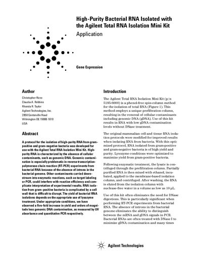 Agilent Total RNA Isolation Mini Kit Bacterial RNA Isolation Protocol - cover page