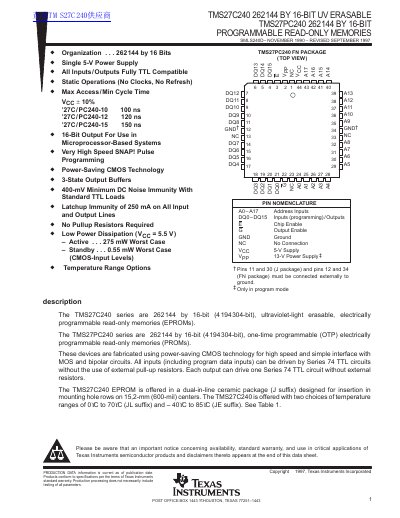 TEXAS INSTRUMENTS TMS27C240 262144 BY 16-BIT UV ERASABLE TMS27PC240 262144 BY 16-BIT PROGRAMMABLE READ-ONLY MEMORIES handbook - cover page