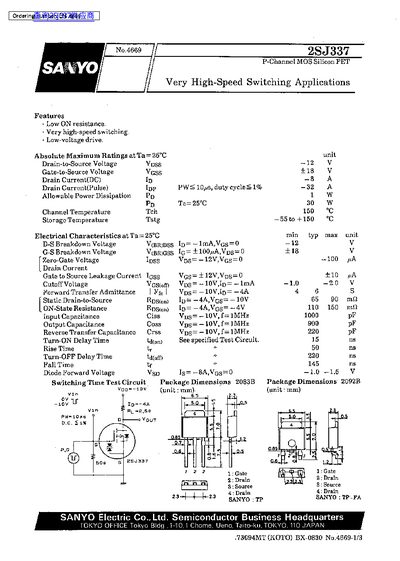 SANYO 2SJ337 P-Channel MOSFET Datasheet - cover page