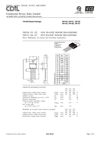 Continental Device India TIP120/TIP121/TIP122/TIP125/TIP126/TIP127 Datasheet - cover page