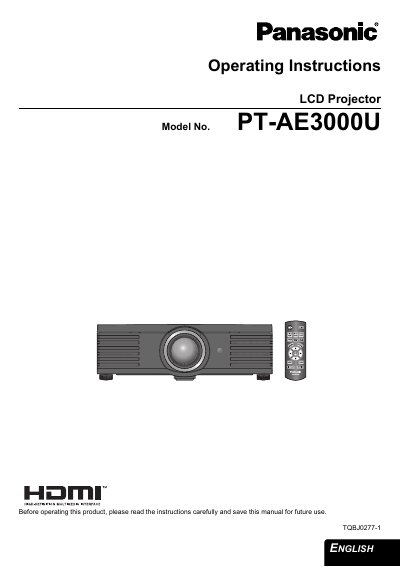 Panasonic PT-AE3000U LCD Projector Operating Instructions - cover page