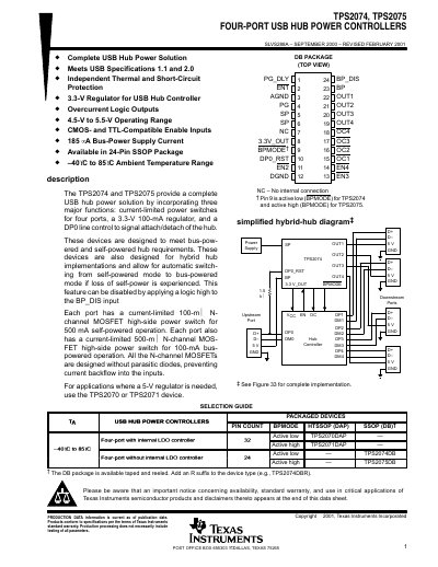 Texas Instruments TPS2074/TPS2075 Four-Port USB Hub Power Controllers Datasheet - cover page