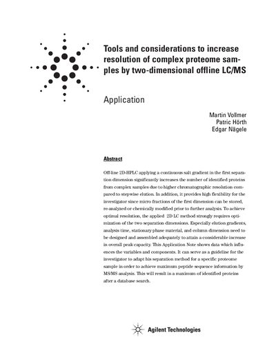 Agilent 1100 Series Tools to Increase Resolution of Complex Proteome Samples by Two-Dimensional Offline LC/MS Applicatio - cover page