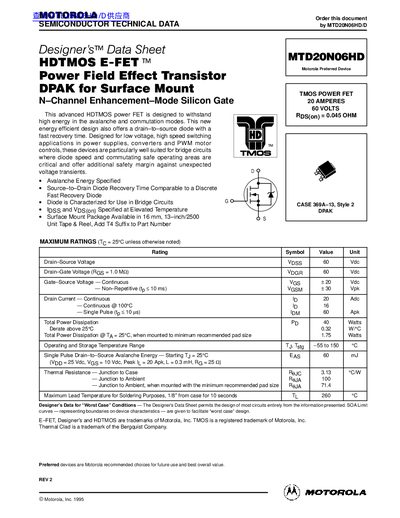 MOTOROLA MTD20N06HD DATA SHEET - cover page