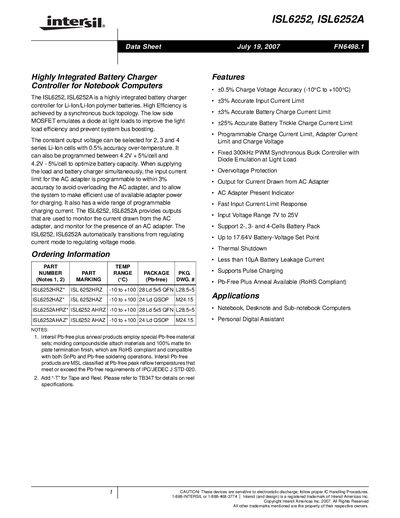 Intersil ISL6252/ISL6252A Battery Charger Controller Datasheet - cover page