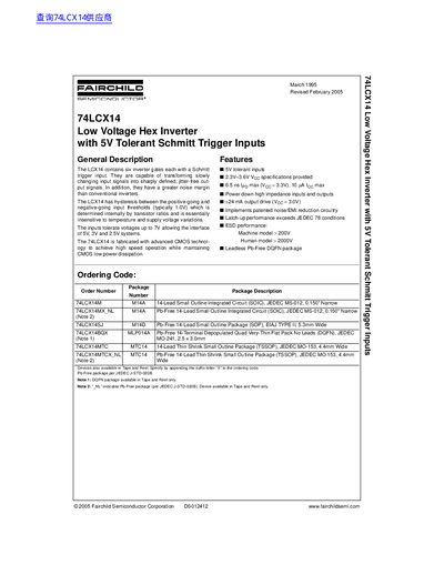 Fairchild Semiconductor 74LCX14 Low Voltage Hex Inverter Datasheet - cover page