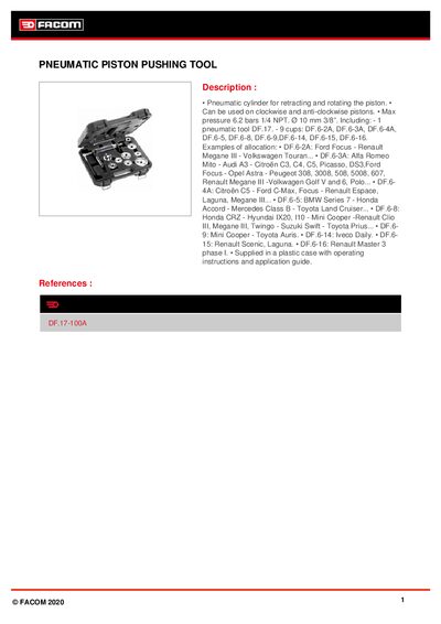 FACOM DF.17-100A Pneumatic Piston Pushing Tool Product Leaflet - cover page
