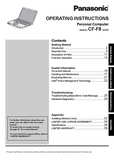 Panasonic CF-F8 Series Personal Computer User Manual - cover page