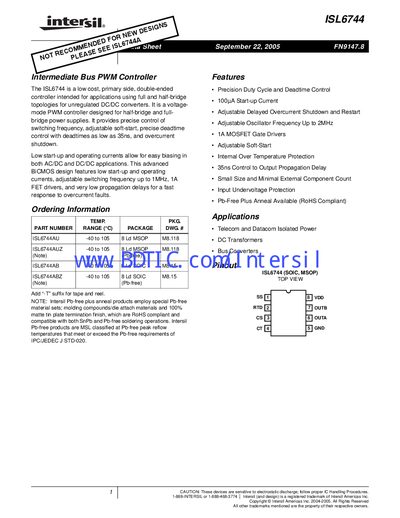 Intersil ISL6744 PWM Controller Datasheet - cover page