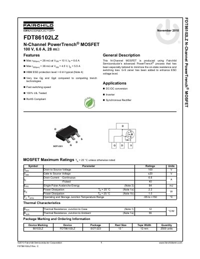 Fairchild Semiconductor FDT86102LZ N-Channel PowerTrench MOSFET Datasheet - cover page