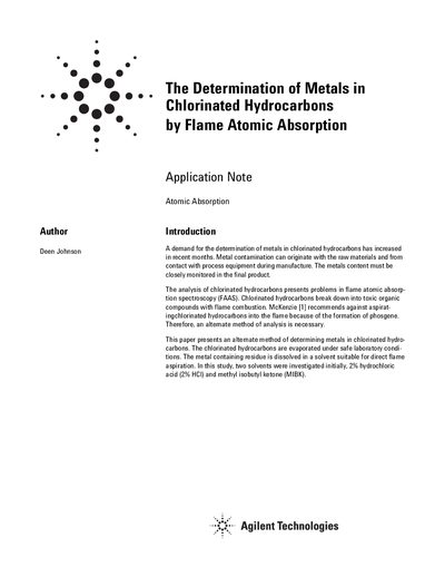 Agilent AA-975 Determination of Metals in Chlorinated Hydrocarbons Application Note - cover page