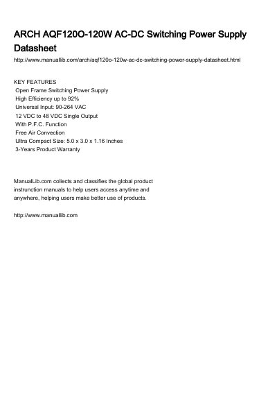 ARCH AQF120O Series 120W AC-DC Switching Power Supply Datasheet - cover page