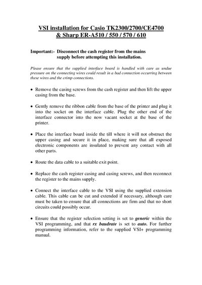 Casio and Sharp Cash Register Installation Guide for TK2300/2700/CE4700 and ER-A510/550/570/610 - cover page