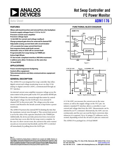 Analog Devices ADM1176 Hot Swap Controller and I2C Power Monitor Data Sheet - cover page