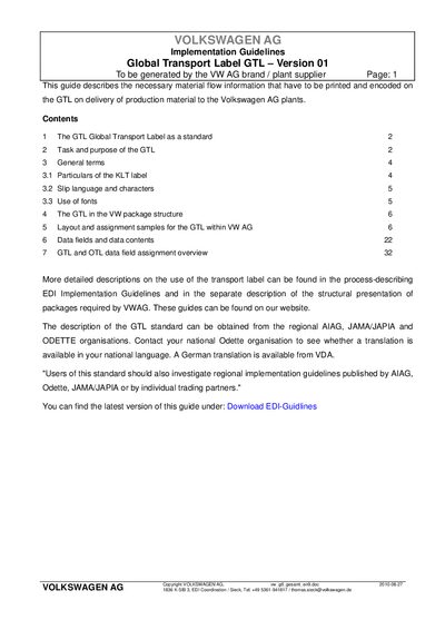 Volkswagen GTL Global Transport Label Implementation Guidelines - cover page