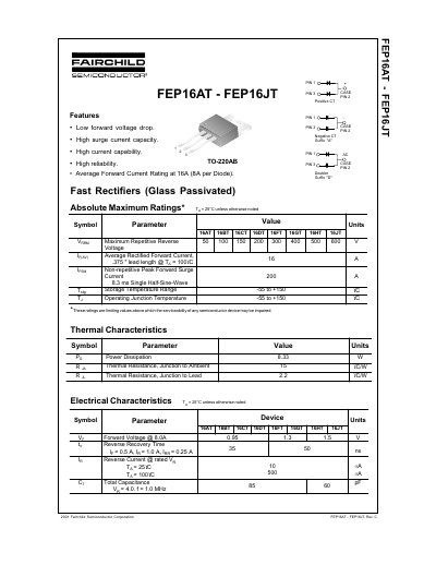 Fairchild Semiconductor FES16AT-FES16JT Fast Rectifiers Datasheet - cover page