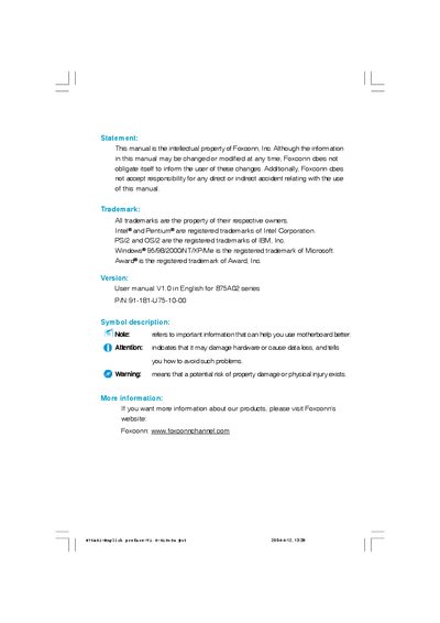 Foxconn 875A02 Motherboard User Manual - cover page
