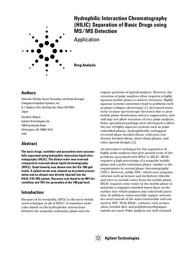 Agilent HILIC Separation of Basic Drugs using MS/MS Detection Application Note - cover page