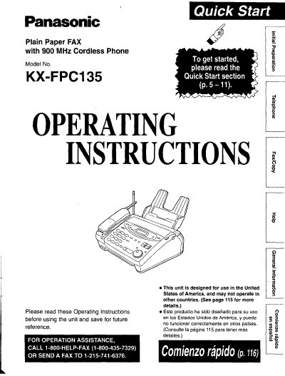Panasonic KX-FPC135 Plain Paper FAX Operating Instructions - cover page