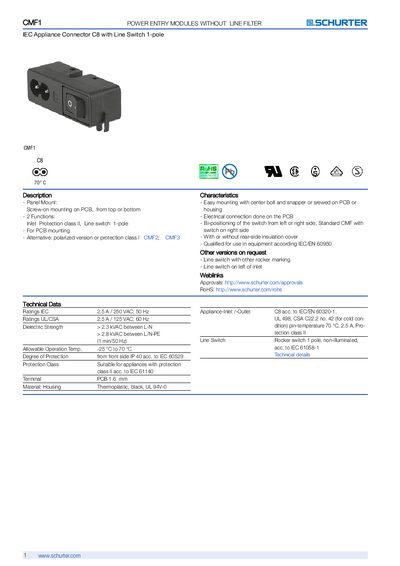 SCHURTER CMF1 IEC Appliance Connector C8 1‑Pole Line Switch Handbook