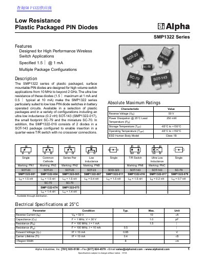 Alpha Industries SMP1322 Series Low Resistance Plastic Packaged PIN Diodes Datasheet - cover page