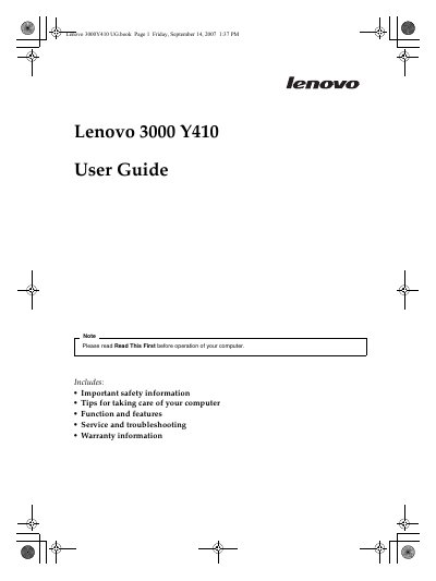 Lenovo 3000 Y410 User Manual - cover page