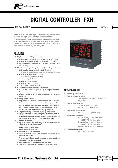 Fuji Electric PXH9 Digital Controller Datasheet - cover page