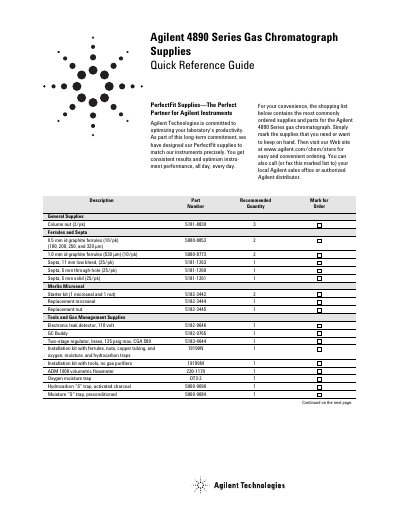 Agilent 4890 Series Gas Chromatograph Supplies Quick Reference Guide