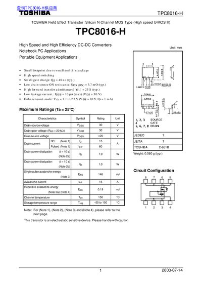 Toshiba TPC8016-H MOSFET Datasheet - cover page