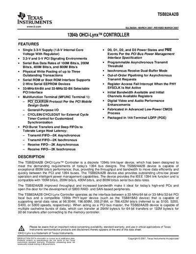 Texas Instruments TSB82AA2B 1394b OHCI-Lynx Controller Datasheet - cover page
