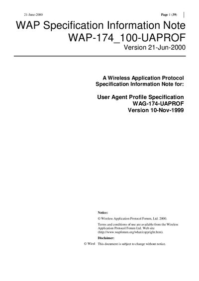 Wireless Application Protocol Forum WAP-174_100-UAPROF Specification Information Note - cover page