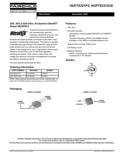 Fairchild HUF75321P3/HUF75321S3S N-Channel Power MOSFET Datasheet - cover page
