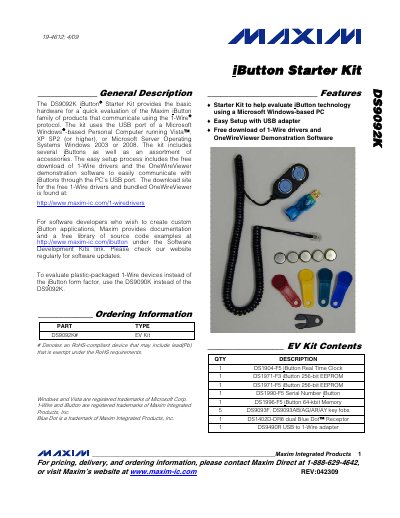 Maxim DS9092K iButton Starter Kit User Manual - cover page