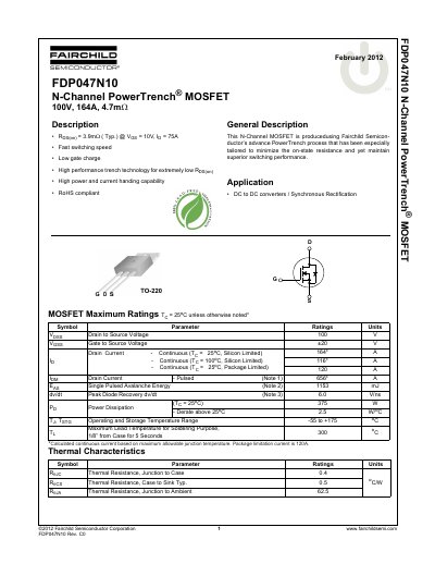 Fairchild FDP047N10 N-Channel PowerTrench MOSFET Datasheet - cover page