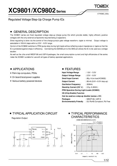 Torex XC9801/XC9802 Series Regulated Voltage Step‑Up Charge Pump ICs Datasheet - cover page