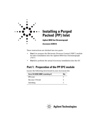 Agilent 6850 GC Purged Packed (PP) Inlet Installation Guide - cover page