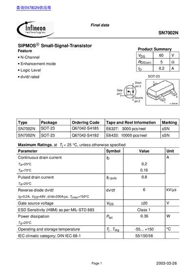 Infineon SN7002N SIPMOS Small-Signal-Transistor Datasheet - cover page