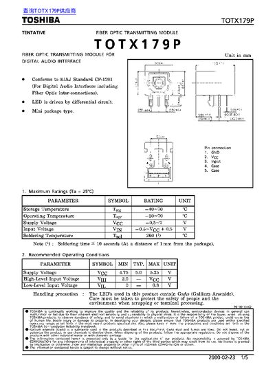 Toshiba TOTX179P Fiber Optic Transmitting Module Handbook - cover page