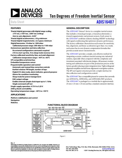 Analog Devices ADIS16407 Inertial Sensor Handbook - cover page