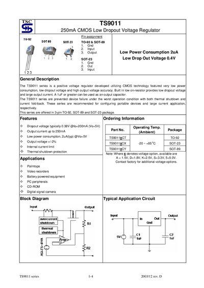 TSC TS9011 250mA CMOS Low Dropout Voltage Regulator Datasheet - cover page