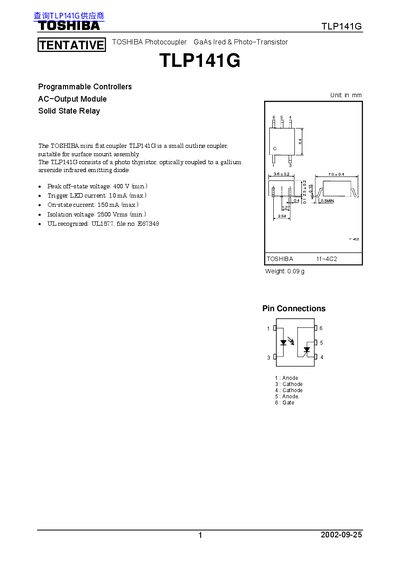 Toshiba TLP141G Photocoupler Datasheet - cover page