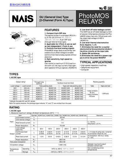 NAIS GU (General Use) Type [2-Channel (Form A) Type] PhotoMOS RELAYS - cover page