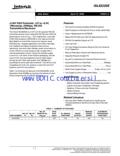 Intersil ISL83220E RS-232 Transceiver Datasheet - cover page