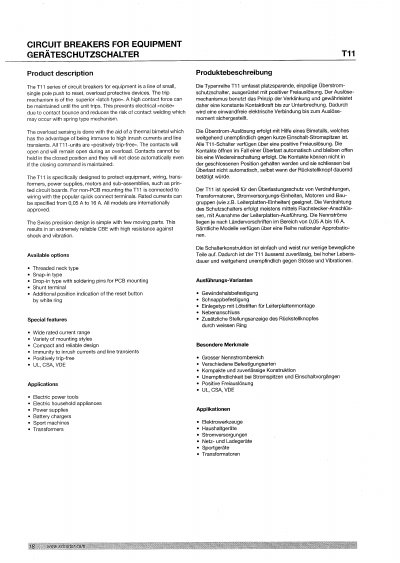 Schurter T11 Circuit Breaker Product Data Sheet - cover page