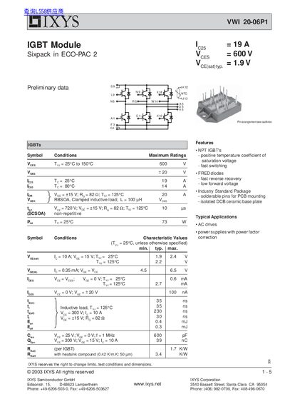 IXYS VWI 20-06P1 IGBT Module Preliminary Data Sheet - cover page